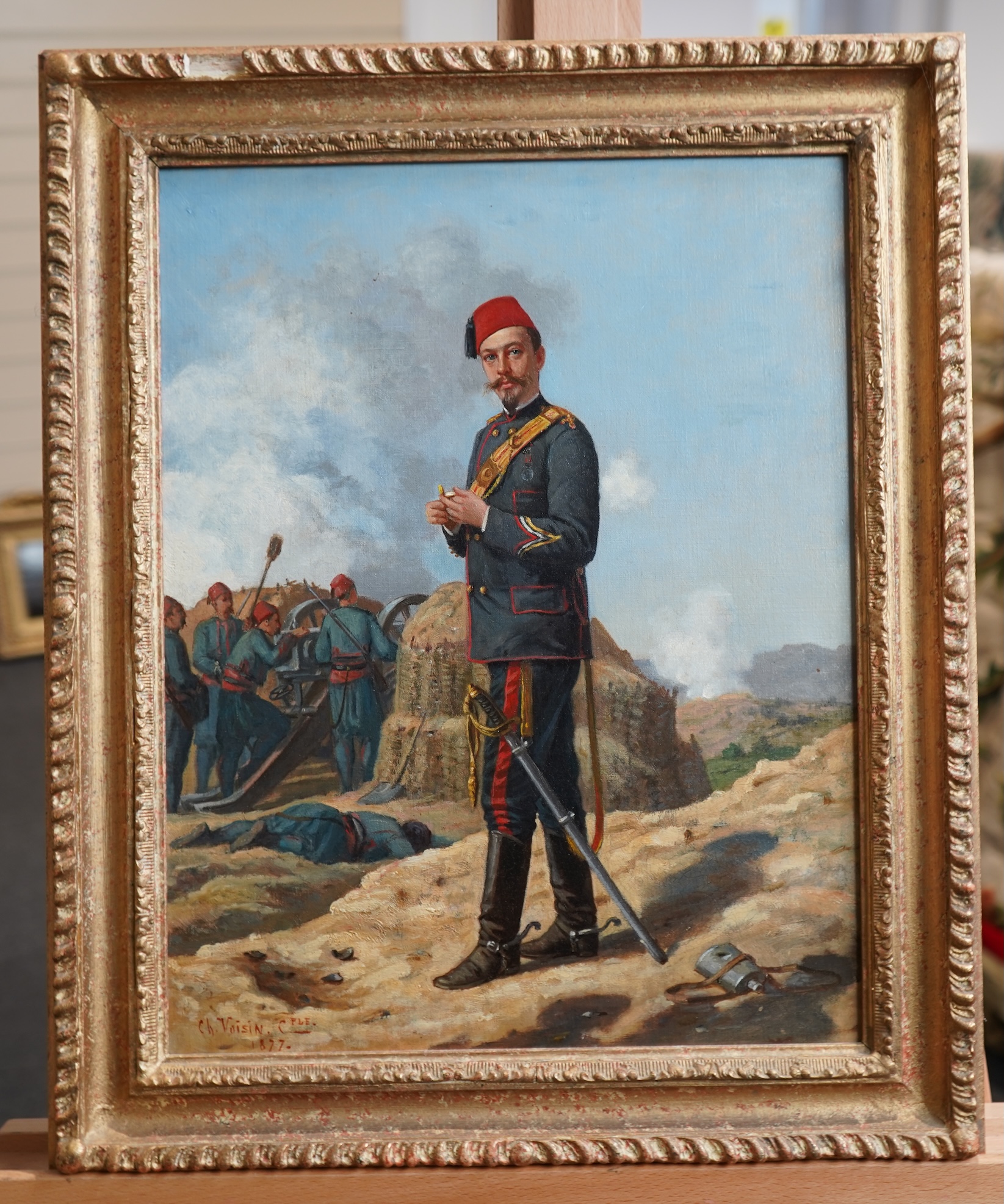 Charles Voisin, French 19th century, A Turkish Army Artillery Officer standing before a group of soldiers operating a cannon